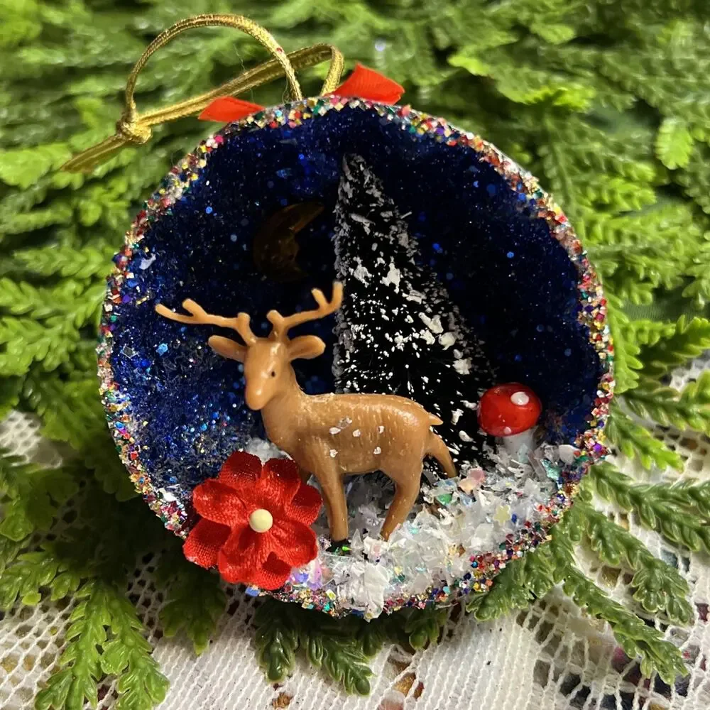Vintage Round Tart Tin Deer Tree Mushroom Diorama Mid Century Reindeer Ornament